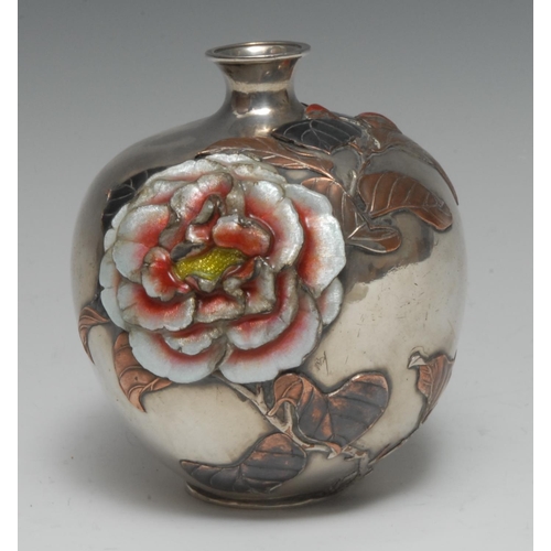 912A - A Japanese silver, enamel and bi-metal globular vase, applied and decorated with a chrysanthemum and... 