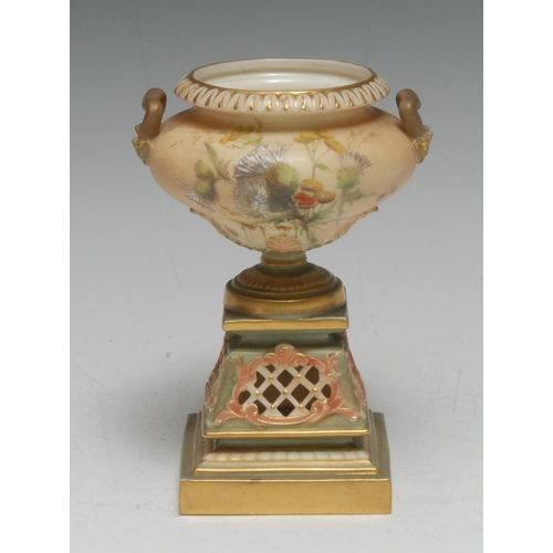 95 - A Royal Worcester pedestal two-handled ogee shaped vase, pierced spreading square base, 13cm high, c... 