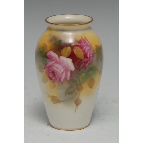 97 - A Royal Worcester ovoid vase, painted by Millie Hunt, signed, with roses, 9.75cm high, printed crown... 