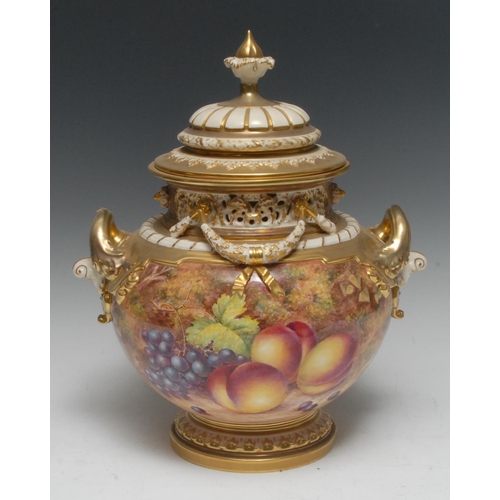 98 - A Royal Worcester ovoid two-handled pot pourri vase and cover, painted by Freeman, signed, with ripe... 