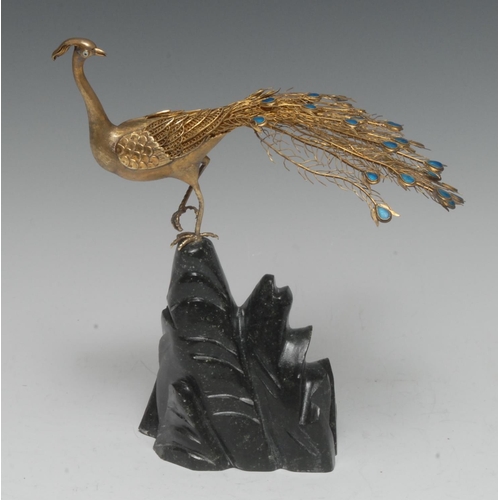 998 - A Chinese silver-gilt model, of a Peking peacock, hardwood base, 19.5cm high, retailer's box