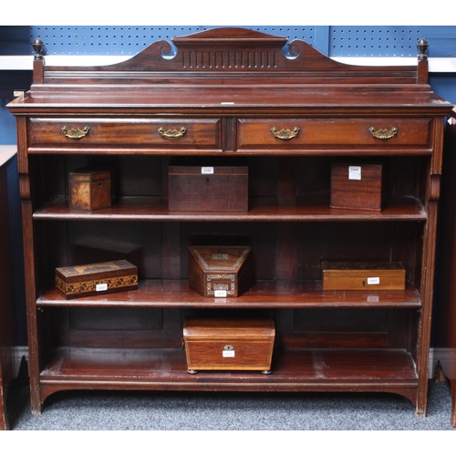 1990 - A late Victorian mahogany library open bookcase, shaped cresting with fluted entableture flanked by ... 