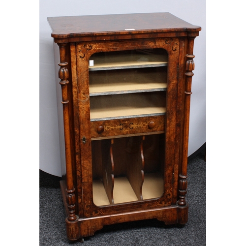 2000 - A Victorian walnut and marquetry music room cabinet, quarter-veneered top above a glazed door enclos... 