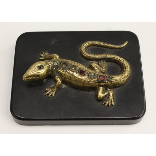 3018 - A 19th century bronze-mounted desk weight, as a lizard, the reptile's head and back with collet ston... 