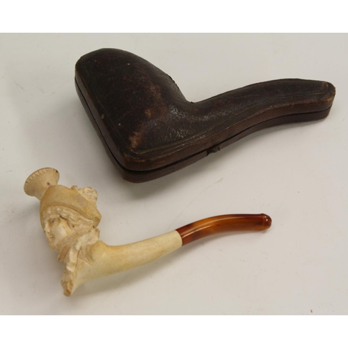 3061 - A 19th century meerschaum pipe, the bowl carved as a lady of fashion, 10.5cm long, c.1890, cased