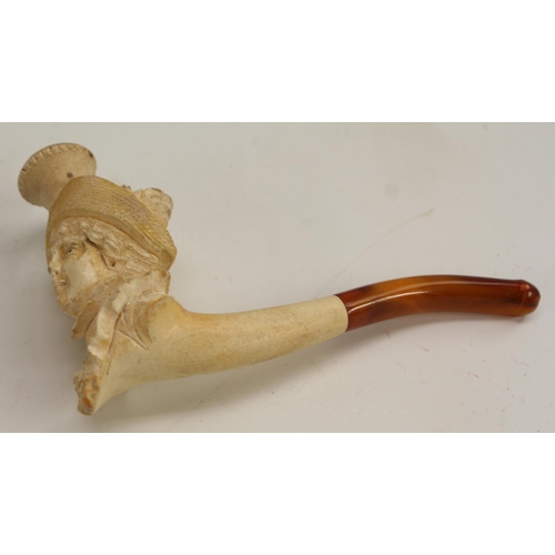 3061 - A 19th century meerschaum pipe, the bowl carved as a lady of fashion, 10.5cm long, c.1890, cased