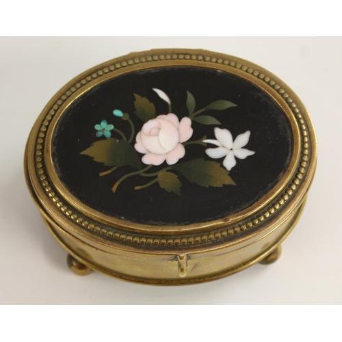 3071 - A 19th century pietra dura mounted oval casket, the hinged cover with inset panel inlaid in specimen... 