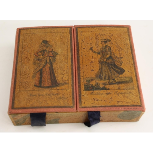 3073 - A 19th century rectangular playing card box, hinged twin covers transfer printed with caricature fig... 