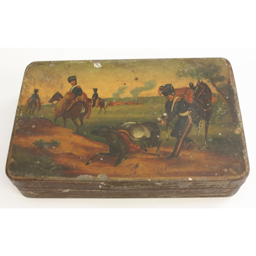 3082 - A 19th century toleware rounded rectangular tobacco box, hinged cover painted with a military subjec... 