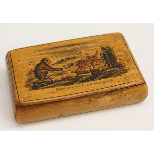 3084 - A 19th century transfer printed sycamore novelty snuff box, the hinged cover decorated in polychrome... 