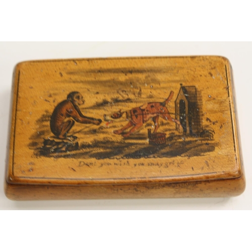 3084 - A 19th century transfer printed sycamore novelty snuff box, the hinged cover decorated in polychrome... 