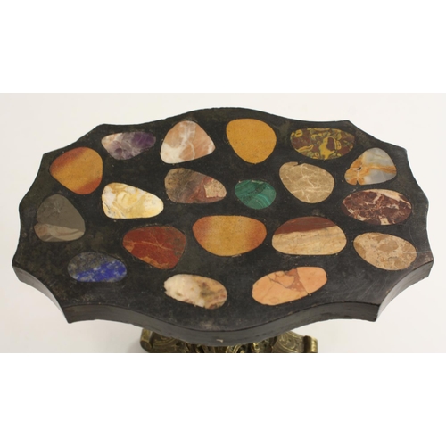 3155 - A Grand Tour type pietra dura and bronze miniature table, the serpentine top inlaid with pebble shap... 