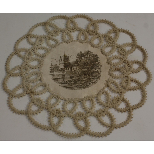 3245 - A set of twelve 19th century silk and crochet roundels, each painted engrisaille with a topographica... 