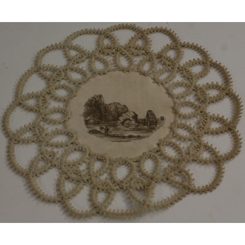 3245 - A set of twelve 19th century silk and crochet roundels, each painted engrisaille with a topographica... 