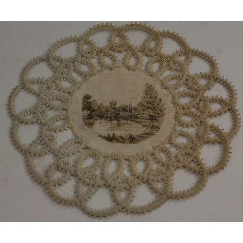 3245 - A set of twelve 19th century silk and crochet roundels, each painted engrisaille with a topographica... 