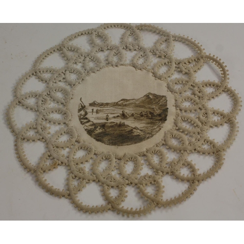 3245 - A set of twelve 19th century silk and crochet roundels, each painted engrisaille with a topographica... 