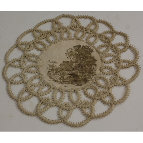 3245 - A set of twelve 19th century silk and crochet roundels, each painted engrisaille with a topographica... 