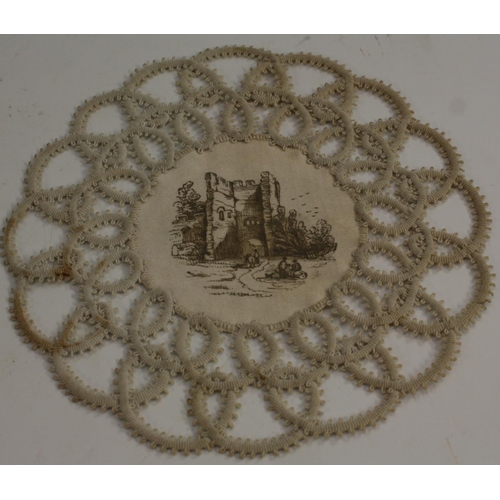 3245 - A set of twelve 19th century silk and crochet roundels, each painted engrisaille with a topographica... 