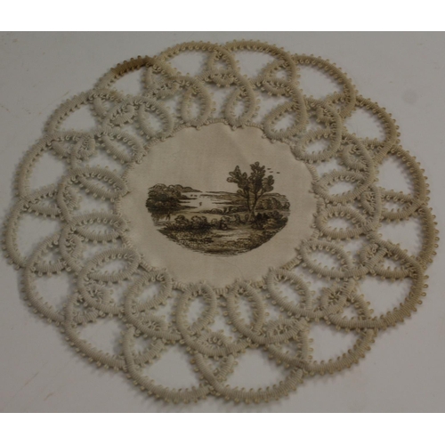 3245 - A set of twelve 19th century silk and crochet roundels, each painted engrisaille with a topographica... 