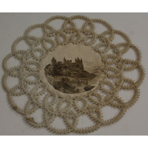 3245 - A set of twelve 19th century silk and crochet roundels, each painted engrisaille with a topographica... 