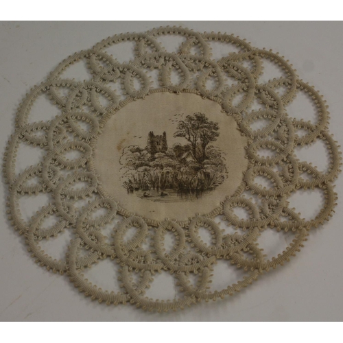 3245 - A set of twelve 19th century silk and crochet roundels, each painted engrisaille with a topographica... 