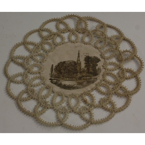 3245 - A set of twelve 19th century silk and crochet roundels, each painted engrisaille with a topographica... 