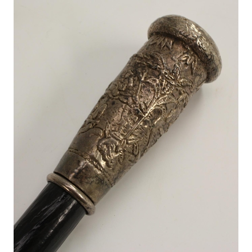 3246 - A silver coloured metal mounted gentleman's walking cane, the domed pommel in the Chinoiserie taste ... 