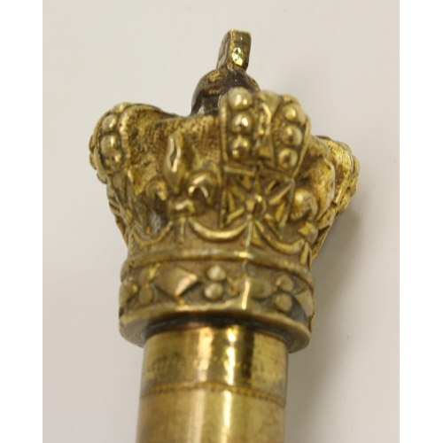 3253 - A Victorian brass tipstaff or truncheon, crown finial, turned boxwood pommel, 24.5cm long, mid-20th ... 