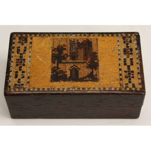 3262 - A Victorian Tunbridge ware and rosewood rectangular stamp box, the push-fitting cover inlaid with an... 