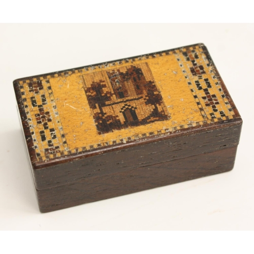 3262 - A Victorian Tunbridge ware and rosewood rectangular stamp box, the push-fitting cover inlaid with an... 