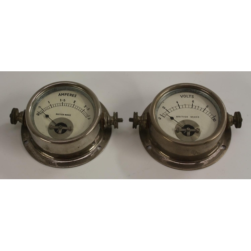 3347 - Automobilia - a pair of British nickel plated brass dashboard panel meters, 5cm dials registering Am... 