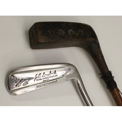 3375 - Golf Clubs - an early 20th century putter, brass sole, weaighted ebonised head, hickory shaft, 91cm ... 