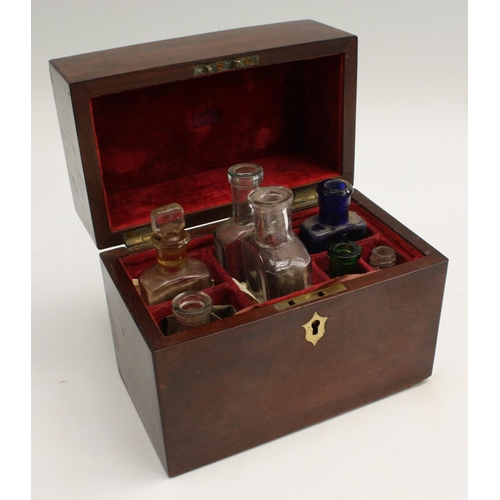 3391 - Medical - a 19th century mahogany apothecary box, hinged cover enclosing an arrangement of bottles, ... 