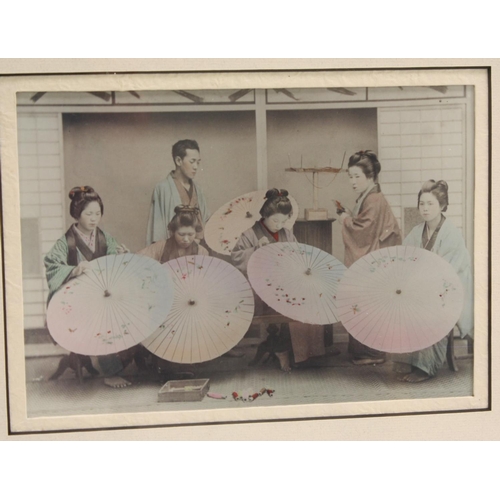 3409 - Photography - Meiji Japan - a pair of hand-tinted photographs, of female textile workers and parasol... 