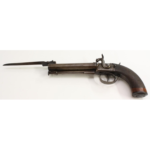 3471 - A 19th century double-barrel percussion bayonet pistol, by Clarke, Leicester, 14.5cm barrel with 13c... 