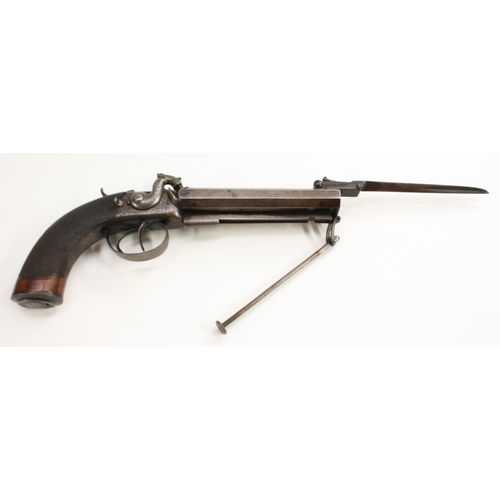 3471 - A 19th century double-barrel percussion bayonet pistol, by Clarke, Leicester, 14.5cm barrel with 13c... 