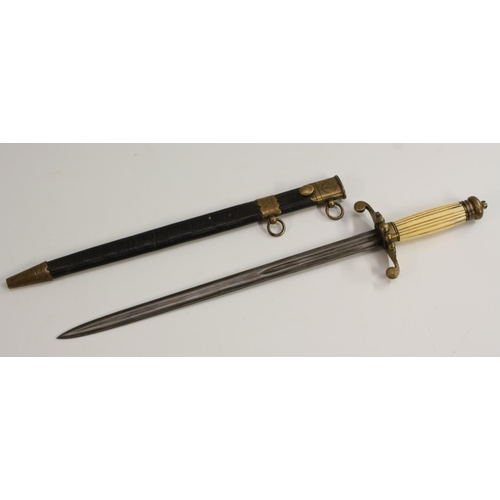 3486 - A naval dirk, 35.5cm straight fullered blade, brass beaded knuckle  guard terminating in scroll quil... 