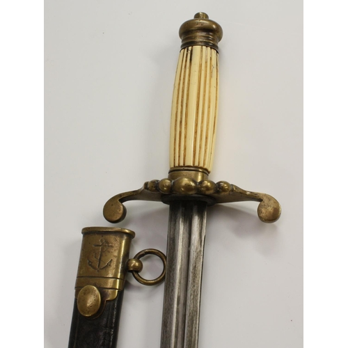 3486 - A naval dirk, 35.5cm straight fullered blade, brass beaded knuckle  guard terminating in scroll quil... 