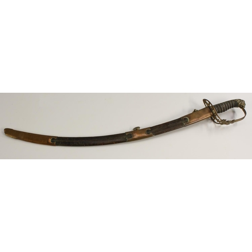 3490 - An 1803 pattern officer's sword, 68.5cm curved blade with traces of blue and gilt, etched with crown... 