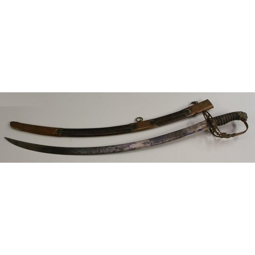 3490 - An 1803 pattern officer's sword, 68.5cm curved blade with traces of blue and gilt, etched with crown... 