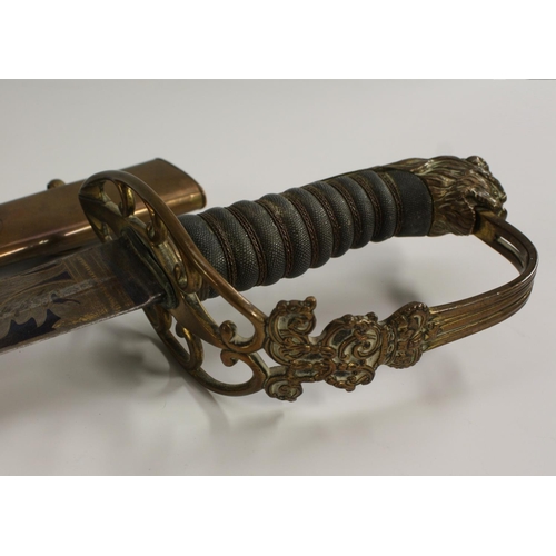 3490 - An 1803 pattern officer's sword, 68.5cm curved blade with traces of blue and gilt, etched with crown... 