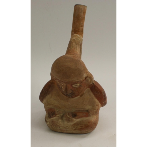 3541 - Antiquities - a South American terracotta figural vessel, of typical Pre-Columbian form, painted fea... 