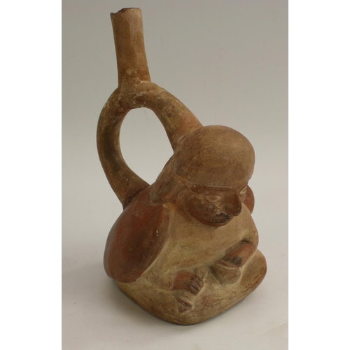 3541 - Antiquities - a South American terracotta figural vessel, of typical Pre-Columbian form, painted fea... 