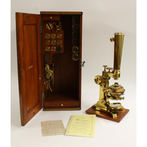 3572 - A fine and rare 19th century lacquered brass Proffessor Harley Grand Binocular Y-stand microscope, b... 