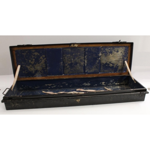 3081 - A 19th century toleware military uniform box, hinged cover with brass plaque inscribed Percy Tew Esq... 