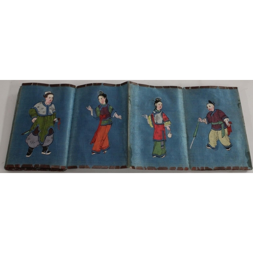 3441 - A 19th Century Chinese lacquer and silk folding pocket book depicting courtly characters