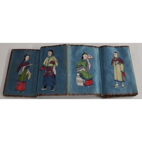 3441 - A 19th Century Chinese lacquer and silk folding pocket book depicting courtly characters