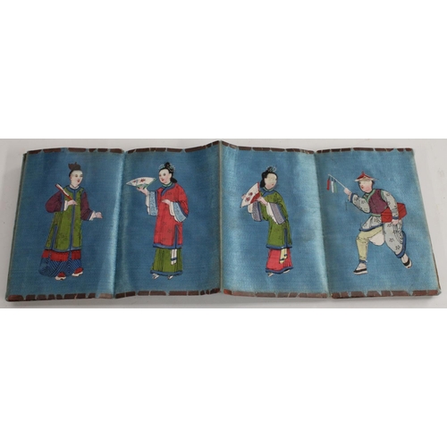 3441 - A 19th Century Chinese lacquer and silk folding pocket book depicting courtly characters