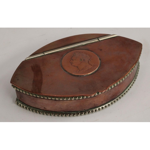 3443 - A George III vavette shaped copper snuff box incorporating coin