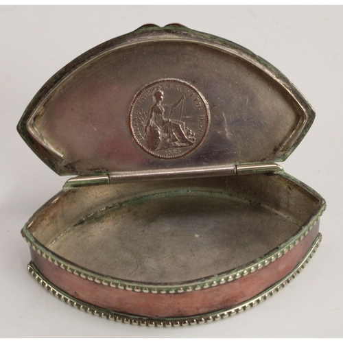 3443 - A George III vavette shaped copper snuff box incorporating coin